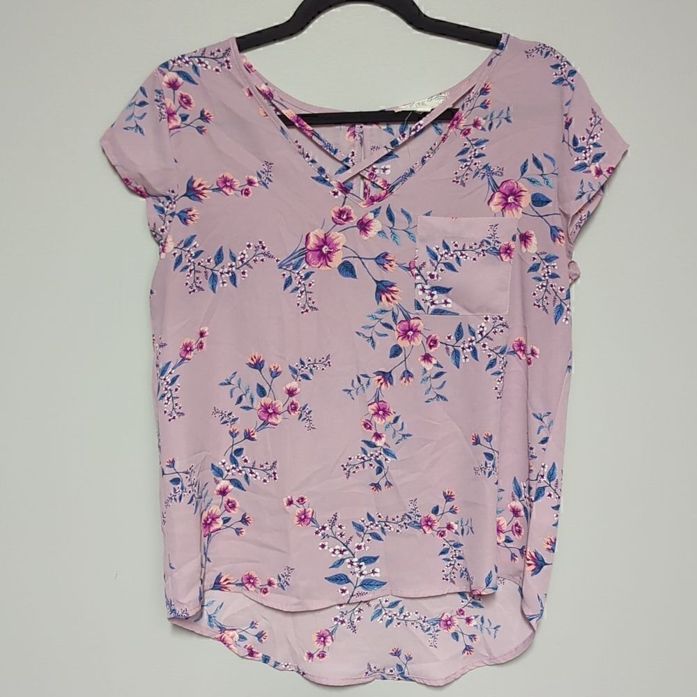 Pink Rose Purple Floral V Neck Blouse
